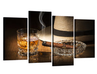 Whiskey Alcohol Drink Cigar Smoke Fedora Bar Restaurant Framed 4 Piece Canvas Wall Art Painting Wallpaper Poster Picture Print Photo Decor