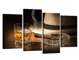 Whiskey Alcohol Drink Cigar Smoke Fedora Bar Restaurant Framed 4 Piece Canvas Wall Art Painting Wallpaper Poster Picture Print Photo Decor