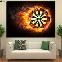 Flaming Dartboard Darts Game Room Framed 1 Panel Piece Canvas Wall Art Painting Wallpaper Poster Picture Print Photo Decor