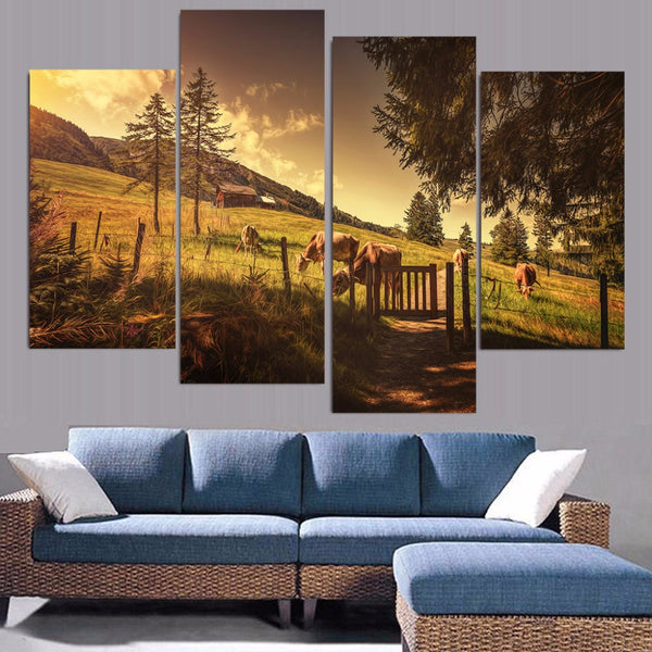 Cows On Wilderness Farm Framed 4 Piece Canvas Wall Art Painting Wallpaper Poster Picture Print Photo Decor