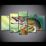 Fishing Hooked Pike Fish Framed 5 Piece Canvas Wall Art - 5 Panel Canvas Wall Art - FabTastic.Co