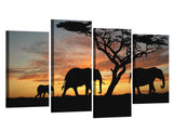Elefante africano Savannah Serengeti atardecer enmarcado 4 piezas lienzo arte de la pared pintura papel tapiz póster imagen impresión foto decoración 
