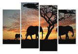 Elefante africano Savannah Serengeti atardecer enmarcado 4 piezas lienzo arte de la pared pintura papel tapiz póster imagen impresión foto decoración 