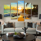 Ocean Sunset Sunrise Tropical Beach Seascape Framed 5 Piece Canvas Wall Art Painting Wallpaper Poster Picture Print Photo Decor