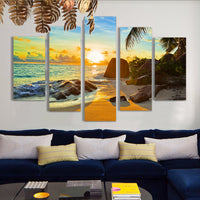 Ocean Sunset Sunrise Tropical Beach Seascape Framed 5 Piece Canvas Wall Art Painting Wallpaper Poster Picture Print Photo Decor