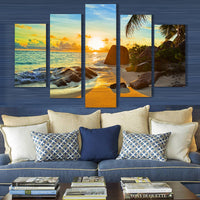 Ocean Sunset Sunrise Tropical Beach Seascape Framed 5 Piece Canvas Wall Art Painting Wallpaper Poster Picture Print Photo Decor