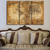 Ancient Old World Map Framed 3 Piece Canvas Wall Art Painting Wallpaper Poster Picture Print Photo Decor