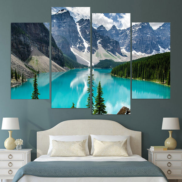 Rocky Mountain Lake Moraine Banff Alberta Canadá Enmarcado 4 piezas Lienzo Arte de la pared Pintura Papel tapiz Póster Imagen Impresión Foto Decoración 