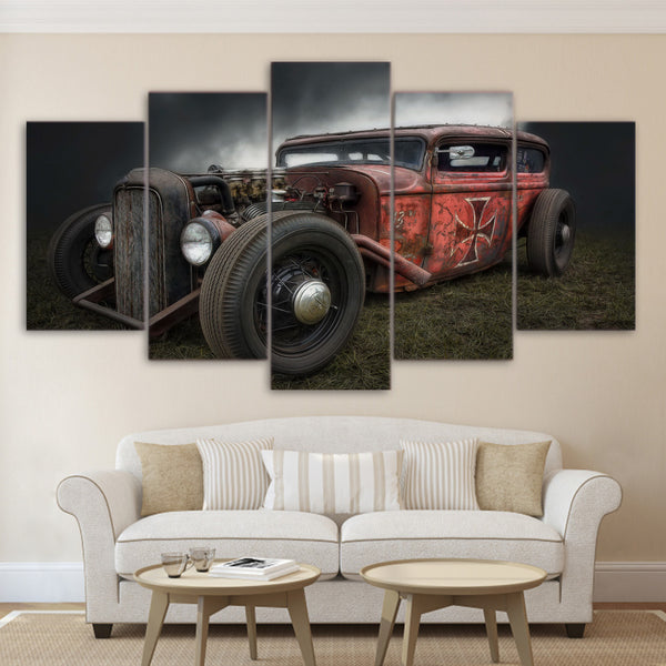 Antique Hot Rod Vintage Car Framed 5 Piece Canvas Wall Art - 5 Panel Canvas Wall Art - FabTastic.Co