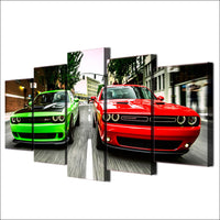Dodge Challenger Green & Red Cars Framed 5 Piece Canvas Wall Art - 5 Panel Canvas Wall Art - FabTastic.Co