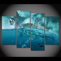 Sea Turtle Ocean Swimming Framed 4 Piece Canvas Wall Art Painting Wallpaper Poster Picture Print Photo Decor