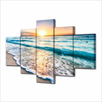 Beautiful Ocean Seascape Beach Sunset Sunrise Sea Waves 5 Piece Canvas Wall Art - 5 Panel Canvas Wall Art - FabTastic.Co