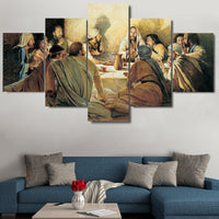 Jesus Christ & Apostles Last Supper Framed 5 Piece Canvas Wall Art Painting Poster Picture Print Photo Artwork Decor