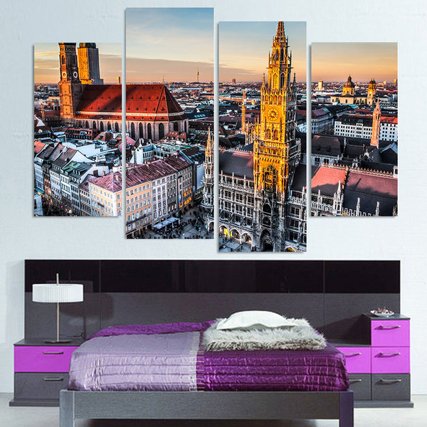 Munich Germany European Bavaria Cityscape Framed 4 Piece Canvas Wall Art Painting Wallpaper Poster Picture Print Photo Decor