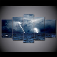 Cloudy Lightning Ocean Waves & Sea Storm Framed 5 Piece Canvas Wall Art - 5 Panel Canvas Wall Art - FabTastic.Co