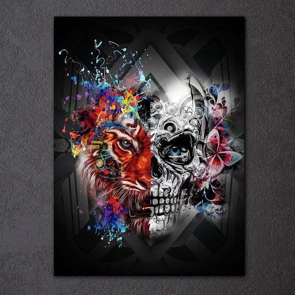 Colorful Tiger & Skull Modern Abstract Framed 1 Panel Piece Canvas Wall Art Painting Wallpaper Poster Picture Print Photo Decor
