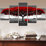Vibrant Red Tree & Bench In Black & White 5 Piece Canvas Wall Art - 5 Panel Canvas Wall Art - FabTastic.Co