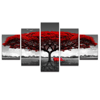 Vibrant Red Tree & Bench In Black & White 5 Piece Canvas Wall Art - 5 Panel Canvas Wall Art - FabTastic.Co