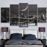New York City Night Skyline Brooklyn Bridge NYC Moonscape Framed 5 Piece Canvas Wall Art - 5 Panel Canvas Wall Art - FabTastic.Co