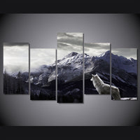 Snowy Mountain Plateau Wolf Paintings Framed 5 Piece Canvas Wall Art - 5 Panel Canvas Wall Art - FabTastic.Co