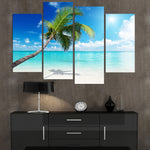 Tropical Beach Palm Tree Ocean Seascape Framed 4 Piece Canvas Wall Art Painting Wallpaper Poster Picture Print Photo Decor