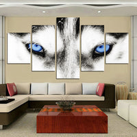 Black & White Wolf Animal Eyes Framed 5 Piece Panel Canvas Wall Art Wolves Print - 5 Panel Canvas Wall Art - FabTastic.Co