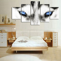 Black & White Wolf Animal Eyes Framed 5 Piece Panel Canvas Wall Art Wolves Print - 5 Panel Canvas Wall Art - FabTastic.Co