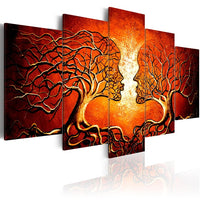 Red Color Tree Human Branches Framed 5 Piece Canvas Wall Art - 5 Panel Canvas Wall Art - FabTastic.Co
