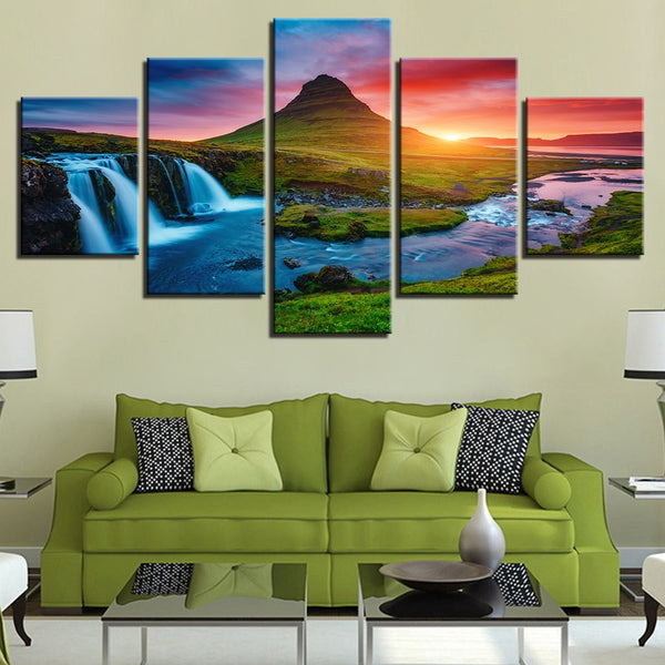 Beautiful Panoramic Iceland Waterfall, Mountain & River Scenic Landscape 5 Piece Canvas Wall Art - 5 Panel Canvas Wall Art - FabTastic.Co