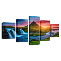 Beautiful Panoramic Iceland Waterfall, Mountain & River Scenic Landscape 5 Piece Canvas Wall Art - 5 Panel Canvas Wall Art - FabTastic.Co