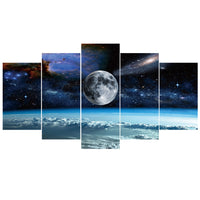 Outer Space Galaxies & Universe With Earth Moon & Stars Framed 5 Piece Canvas Wall Art - 5 Panel Canvas Wall Art - FabTastic.Co