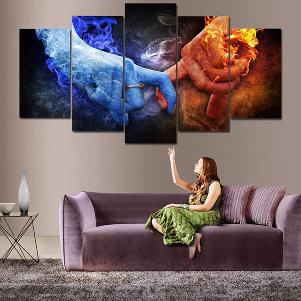 Fire & Ice Love Red & Blue Framed 5 Piece Panel Canvas Wall Art Print