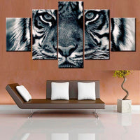 Tiger Animal Black & White Framed 5 Piece Canvas Wall Art - 5 Panel Canvas Wall Art - FabTastic.Co
