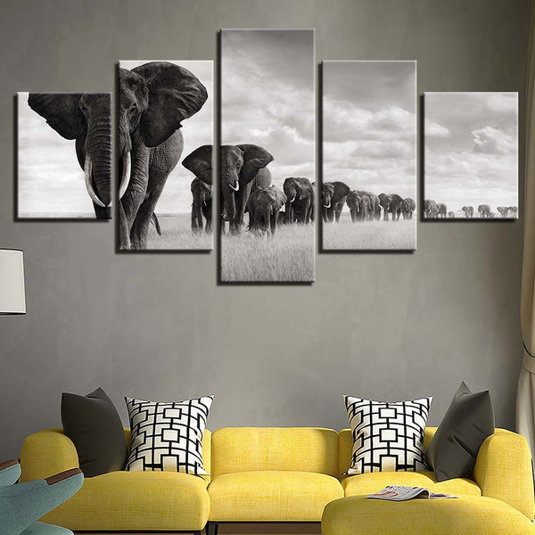 Elephant Herd Black & White Animal Framed 5 Piece Canvas Wall Art - 5 Panel Canvas Wall Art - FabTastic.Co