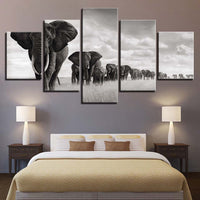 Elephant Herd Black & White Animal Framed 5 Piece Canvas Wall Art - 5 Panel Canvas Wall Art - FabTastic.Co