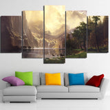 Beautiful Natural Mountain Lake Forest Deer Animal Framed 5 Piece Panel Canvas Wall Art Print