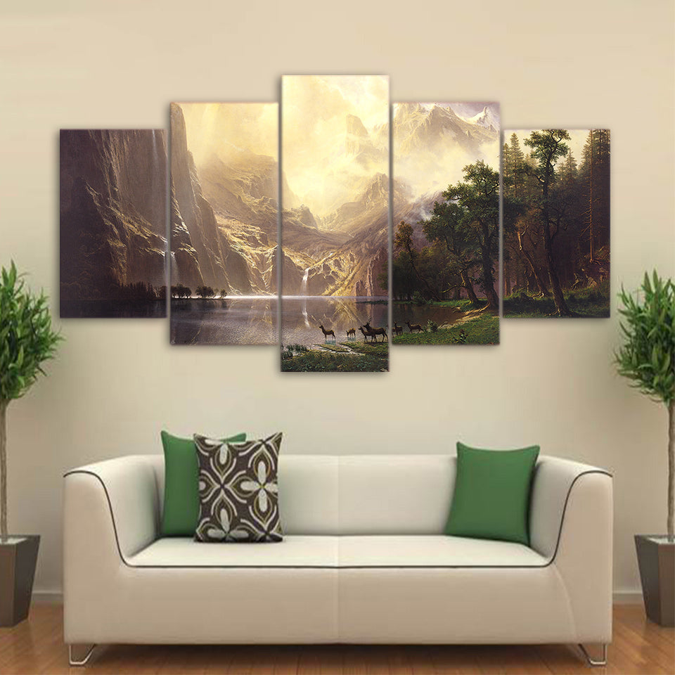 Beautiful Natural Mountain Lake Forest Deer Animal Framed 5 Piece Pane ...
