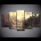 Beautiful Natural Mountain Lake Forest Deer Animal Framed 5 Piece Panel Canvas Wall Art Print