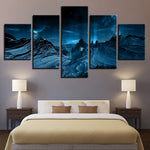 Blue Aurora Borealis Snowy Rocky Mountain Night Framed 5 Piece Canvas Wall Art - 5 Panel Canvas Wall Art - FabTastic.Co