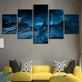 Blue Aurora Borealis Snowy Rocky Mountain Night Framed 5 Piece Canvas Wall Art - 5 Panel Canvas Wall Art - FabTastic.Co