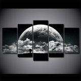 Planet & Clouds Black & White Framed 5 Piece Canvas Wall Art - 5 Panel Canvas Wall Art - FabTastic.Co