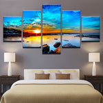 Sunrise Seaview Sunset Water Rocks Framed 5 Piece Panel Canvas Wall Art Print