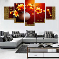 Yellow & Red Flowers Framed 5 Piece Canvas Wall Art Image Picture Wallpaper Mural Artwork Poster Decor Print Painting Photography