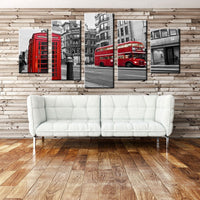 London City UK Street Scene Red Bus & Vintage Buildings Framed 5 Piece Canvas Wall Art - 5 Panel Canvas Wall Art - FabTastic.Co