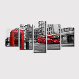 London City UK Street Scene Red Bus & Vintage Buildings Framed 5 Piece Canvas Wall Art - 5 Panel Canvas Wall Art - FabTastic.Co