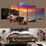 Beautiful Sunrise Rocky Ocean Beach & Clouds 5 Piece Canvas Wall Art - 5 Panel Canvas Wall Art - FabTastic.Co