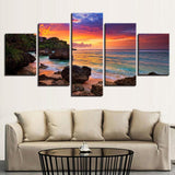 Beautiful Sunrise Rocky Ocean Beach & Clouds 5 Piece Canvas Wall Art - 5 Panel Canvas Wall Art - FabTastic.Co