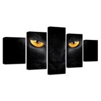 Black Cat With Yellow Eyes Framed 5 Piece Canvas Wall Art - 5 Panel Canvas Wall Art - FabTastic.Co