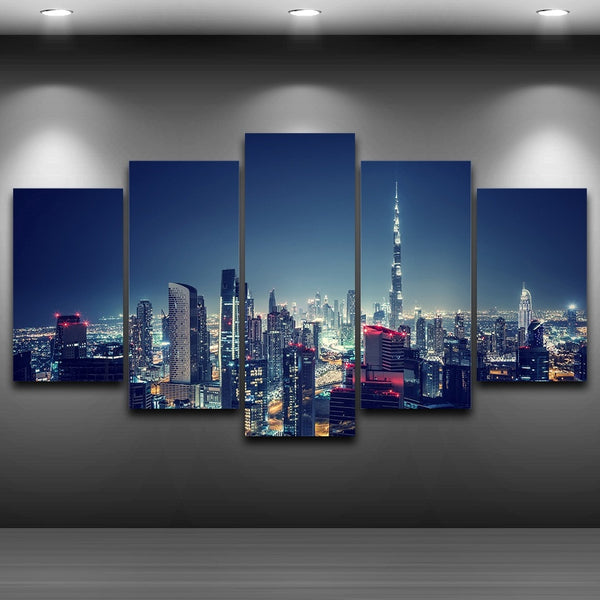 Dubai City United Arab Emirates Burj Khalifa Night Skyline Scene Framed 5 Piece Canvas Wall Art - 5 Panel Canvas Wall Art - FabTastic.Co