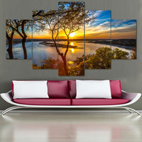 Beautiful Sunrise Sunset River & Trees Forest Framed 5 Piece Panel Canvas Wall Art Print - 5 Panel Canvas Wall Art - FabTastic.Co